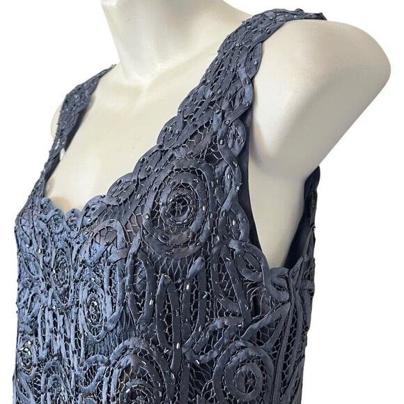 Soulmates Silk Whimsigoth Beaded Crochet Sleeveless Top Soutache Navy Satin sz S - Picture 10 of 16